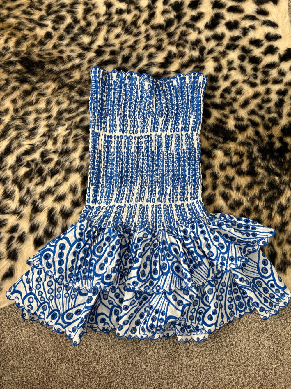 Blue and White Smocked Ruffle Mini Skirt